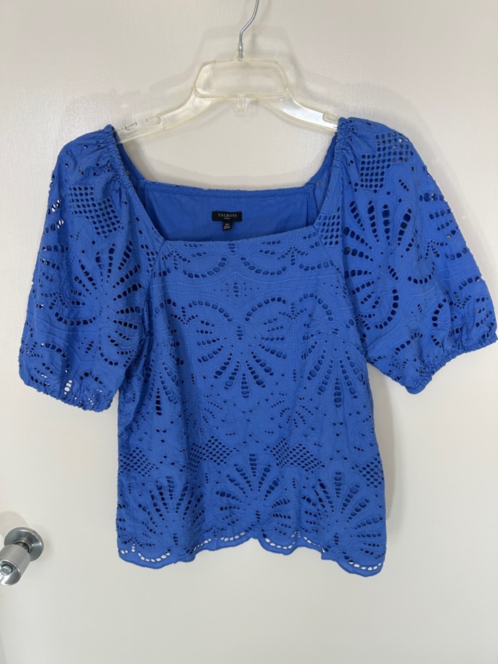 Talbots Cobalt/Iris Blue Heart Eyelet Design Square Neck Puff Sleeve Blouse Top